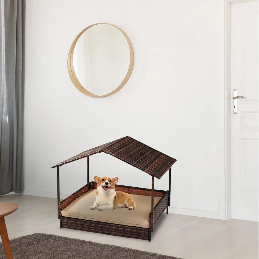 Elevated Rattan Dog Bed with Canopy – Indoor/Outdoor Pet Lounger with Washable Cushion