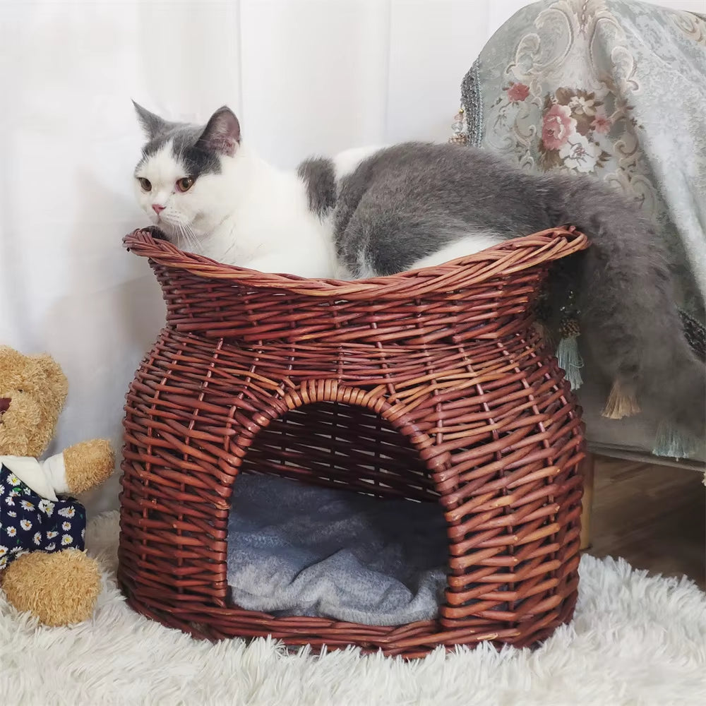 2-Tier Wicker Cat House with Cushion – Cozy Bed & Scratcher for Indoor Cats