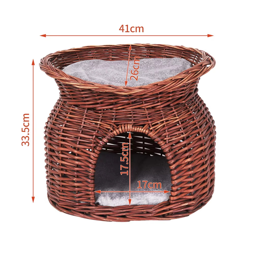 2-Tier Wicker Cat House with Cushion – Cozy Bed & Scratcher for Indoor Cats