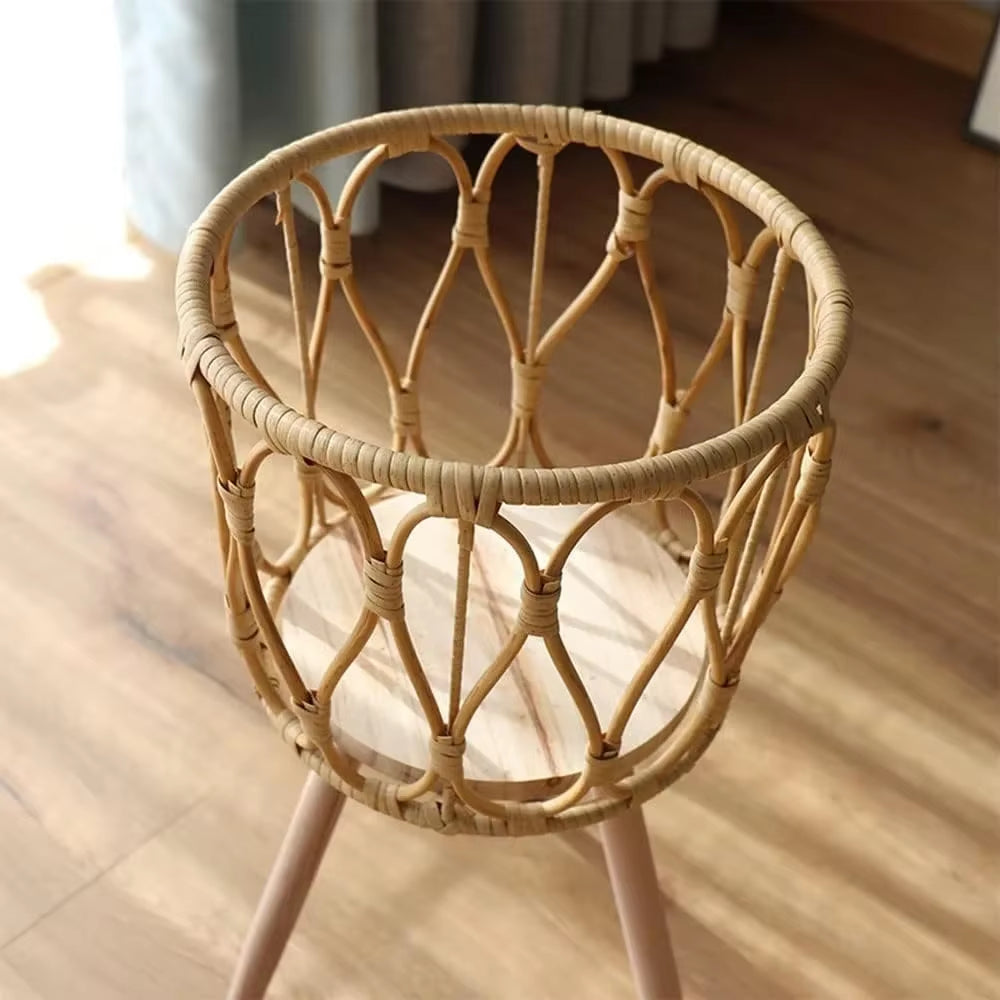 Woven Rattan Decorative Plant Stand with Wooden Legs