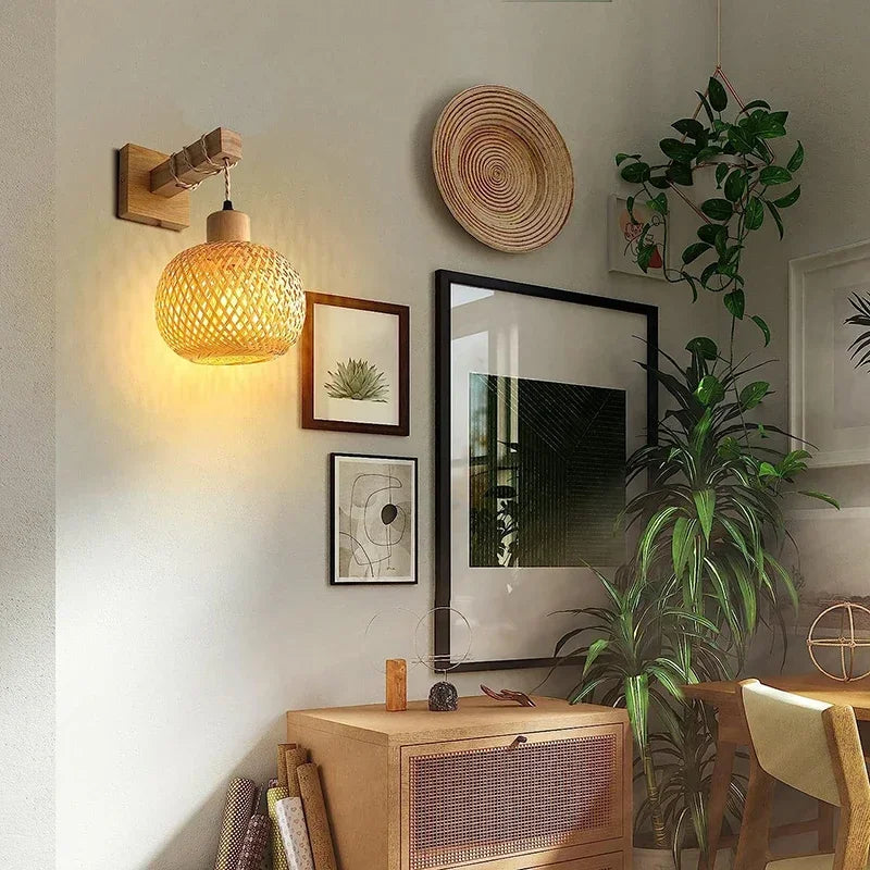 Bamboo Rattan Wall Lamp – Handwoven Wicker Lantern Light, Boho Room Decor, Natural Bamboo Wall Sconce, E27 Lamp Fixture