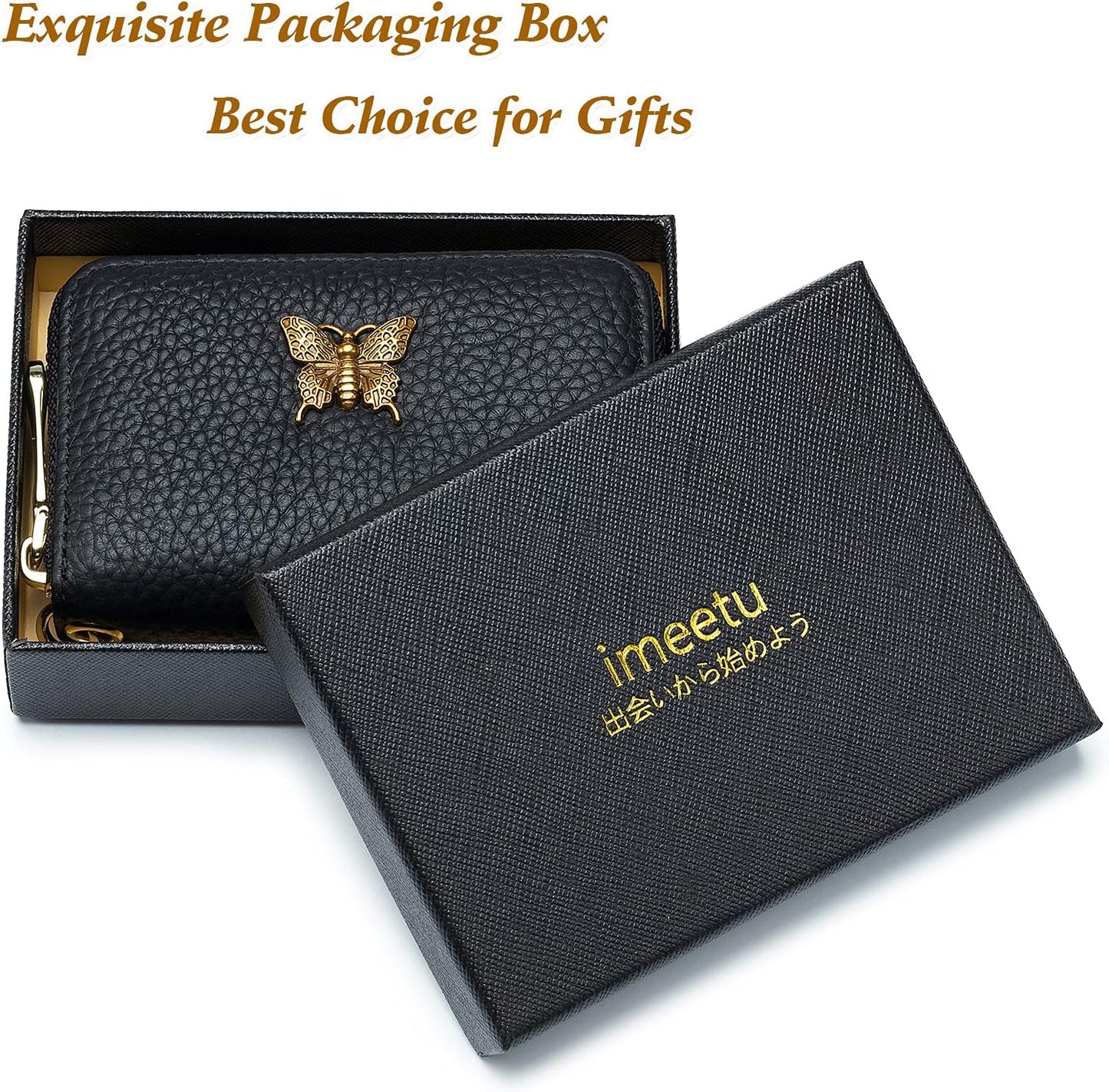 Stylish RFID Leather Card Holder for Women – with Zipper & Removable Keychain (Black)
