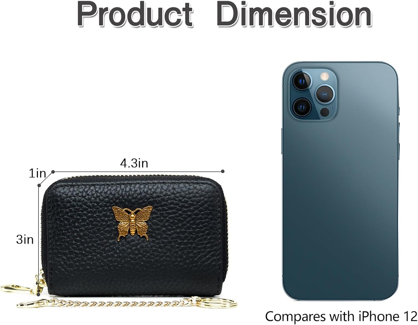 Stylish RFID Leather Card Holder for Women – with Zipper & Removable Keychain (Black)