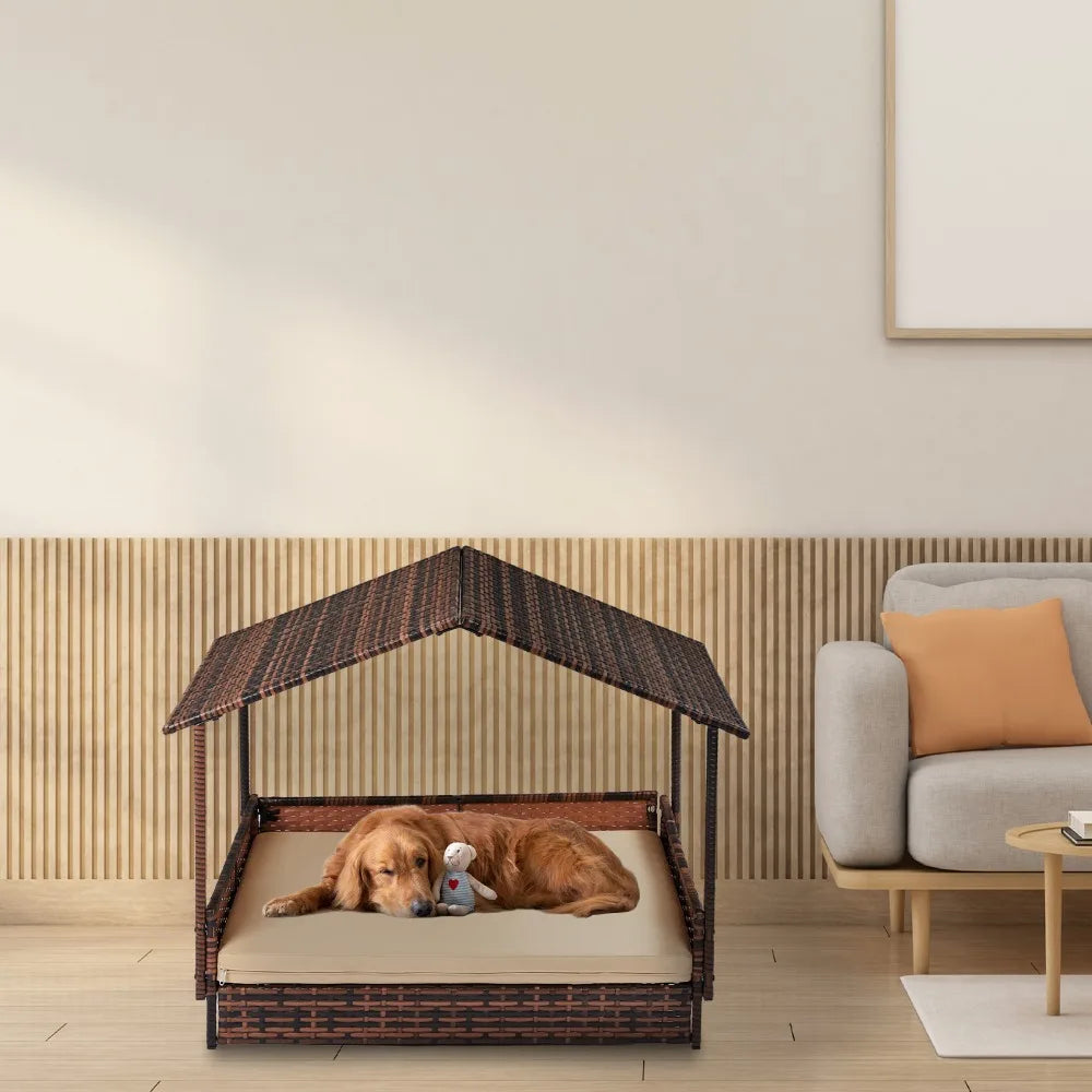 Elevated Rattan Dog Bed with Canopy – Indoor/Outdoor Pet Lounger with Washable Cushion