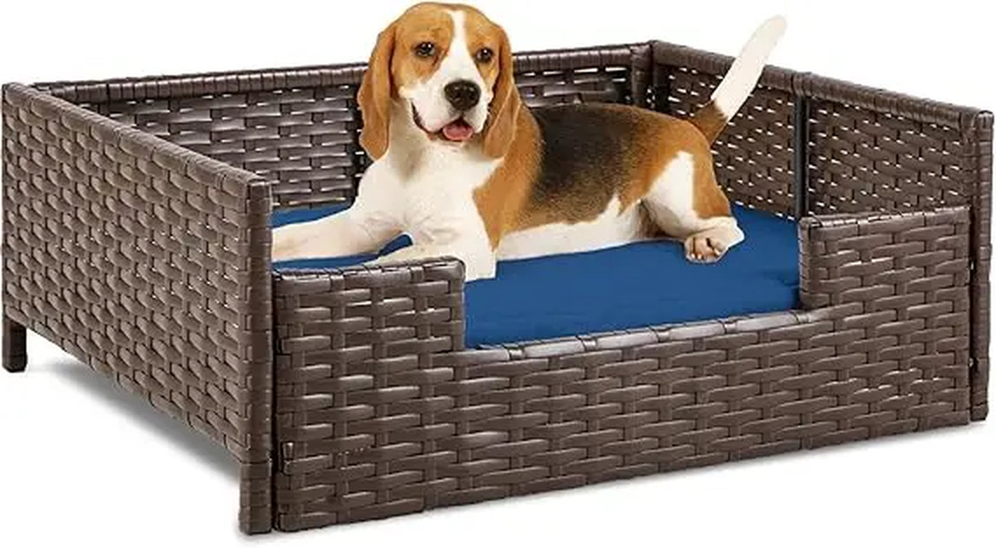 Handwoven Rattan Dog Sofa Bed with Cushion – Indoor/Outdoor/ Water Resistant for Small to Large Dogs