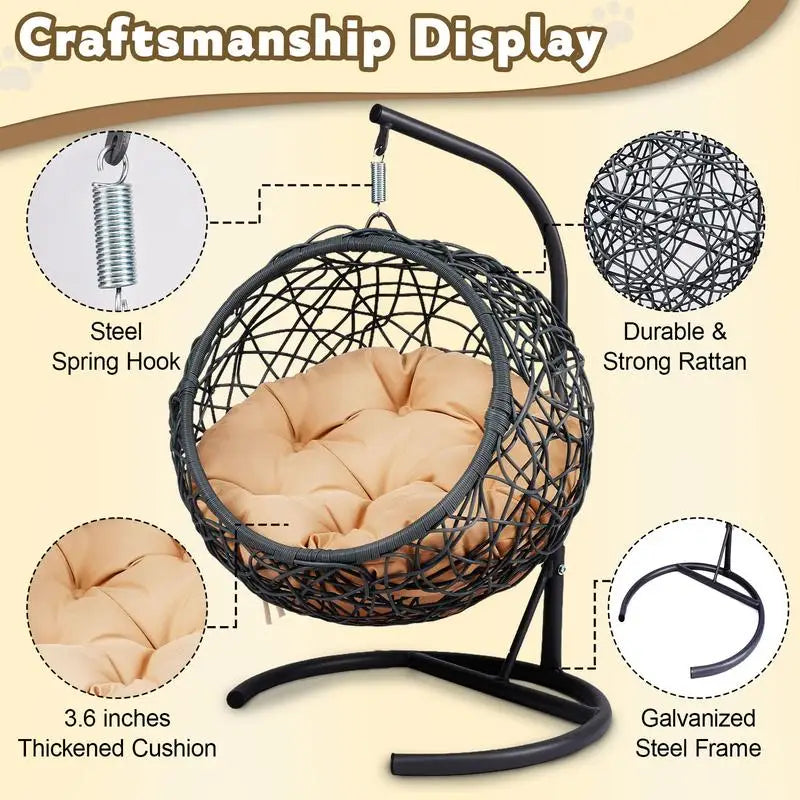 Cozy Rattan Cat Swing Bed with Stand & Cushion