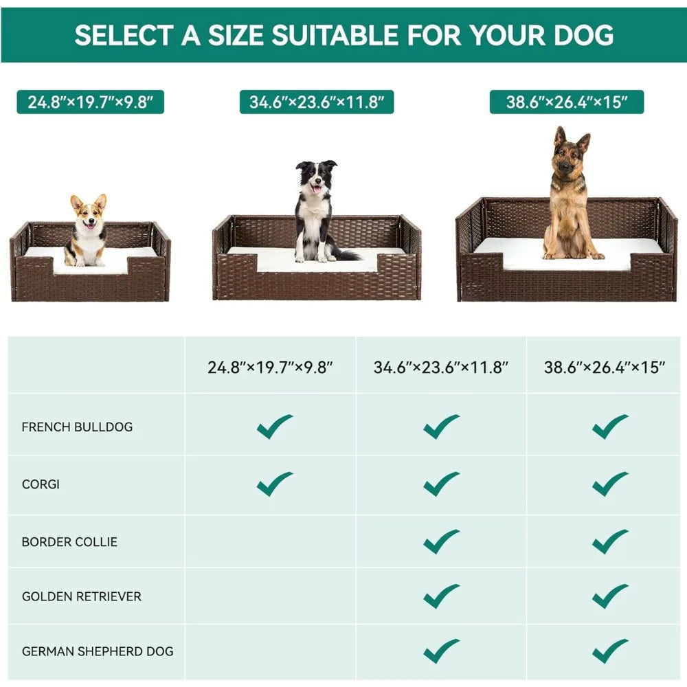 Handwoven Rattan Dog Sofa Bed with Cushion – Indoor/Outdoor/ Water Resistant for Small to Large Dogs