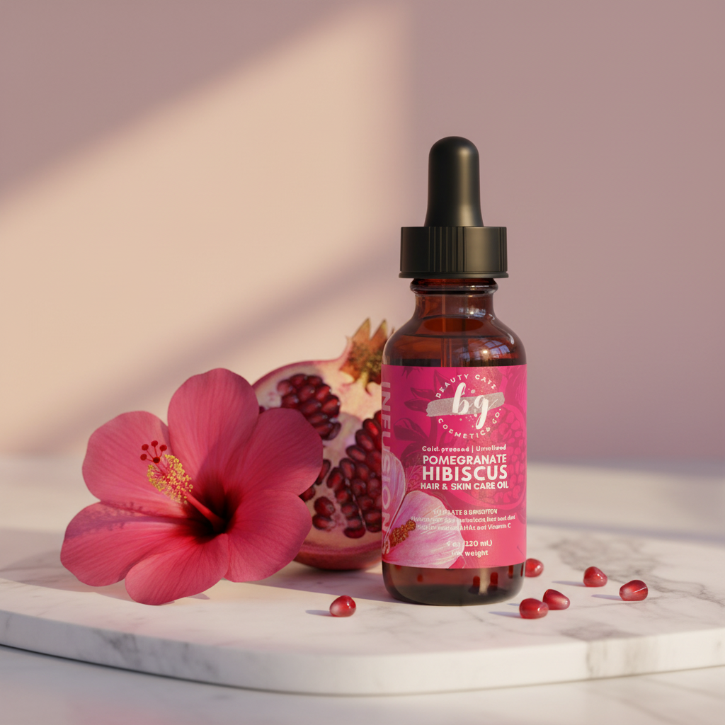 Pomegranate Hibiscus Oil amber dropper bottle on marble with hibiscus bloom and pomegranate half