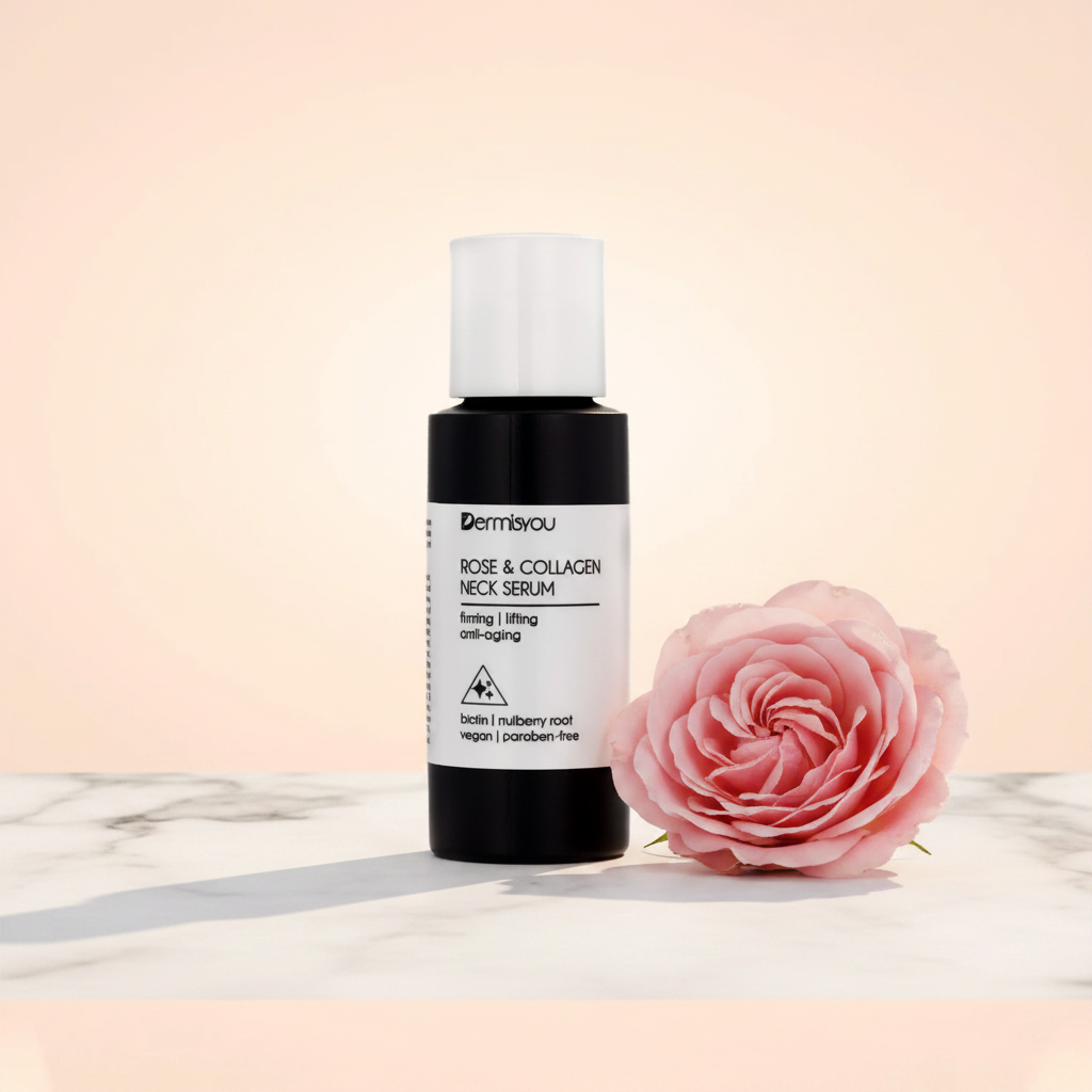 Rose & Collagen Neck Serum on marble surface with pink rose bloom lifestyle shot