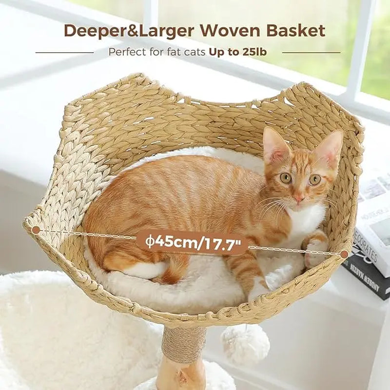 Modern 40" Cat Tree with Solid Wood Scratching Post, Wicker Basket & Large Hammock