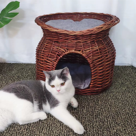  2-Tier Wicker Cat House with Cushion – Cozy Bed & Scratcher for Indoor Cats