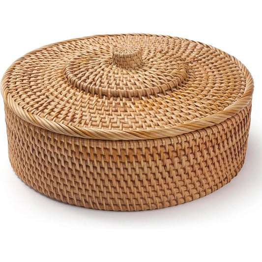  Handwoven Rattan Storage Basket with Lid – Natural Wicker Organizer