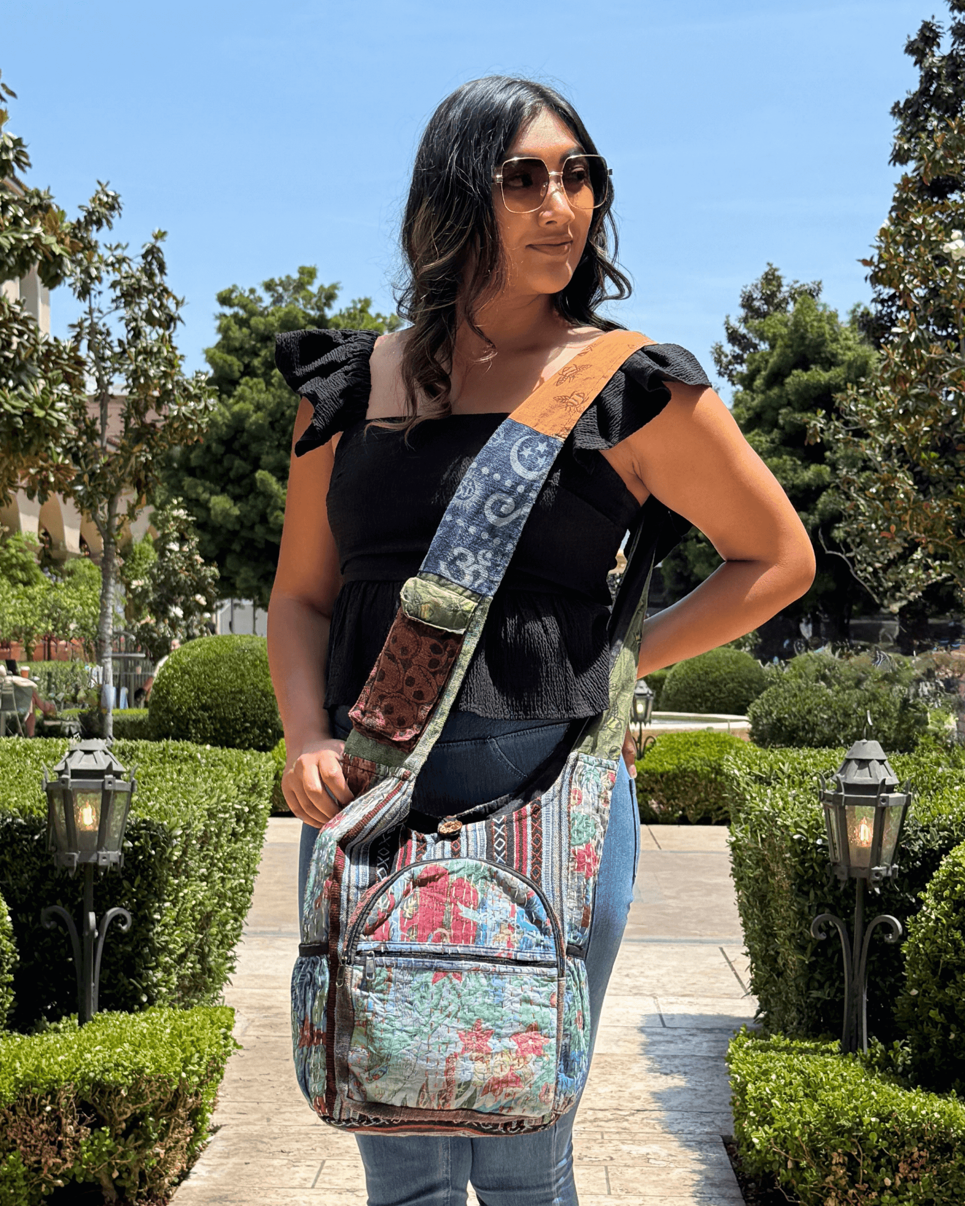 Patchwork Hobo Bag with Side Water Bottle Pockets