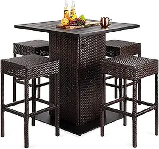 5-Piece Outdoor Wicker Bar Set – Includes Table with Built-In Bottle Opener, Storage Shelf, and 4 Stools – Perfect for Patio, Poolside, or Backyard 
