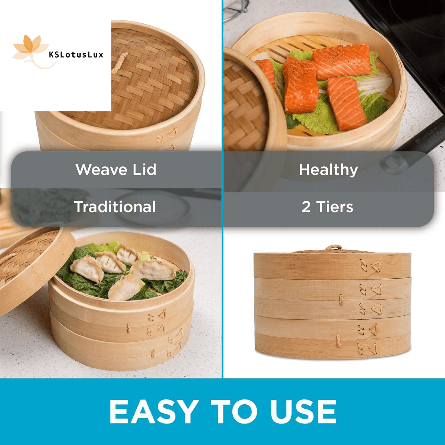 100% Natural 2-Tier Bamboo Steamer Basket (10" Diameter) - | KSLotuslux