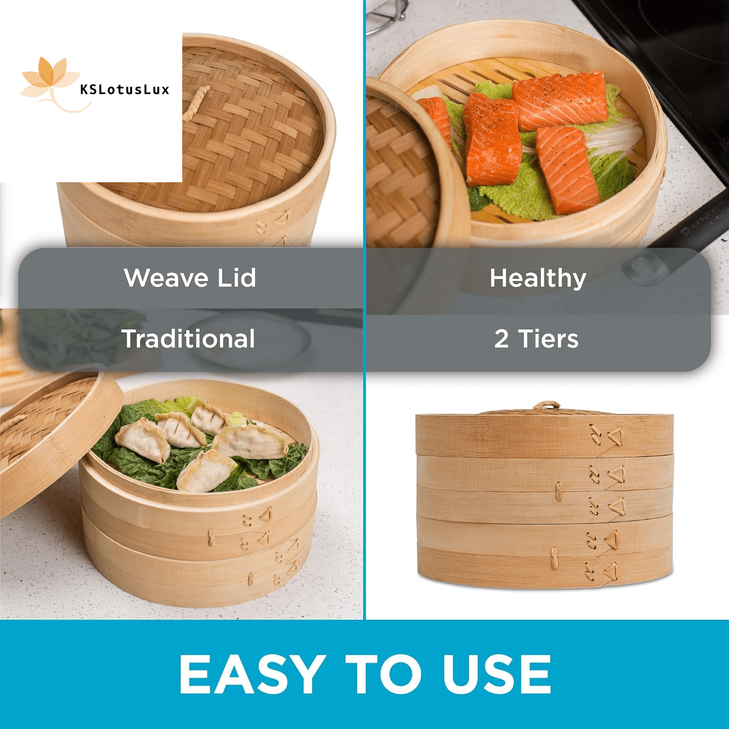 100% Natural 2-Tier Bamboo Steamer Basket (10" Diameter) - | KSLotuslux