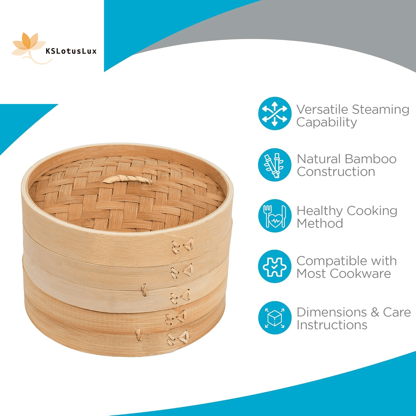 100% Natural 2-Tier Bamboo Steamer Basket (10" Diameter) - | KSLotuslux
