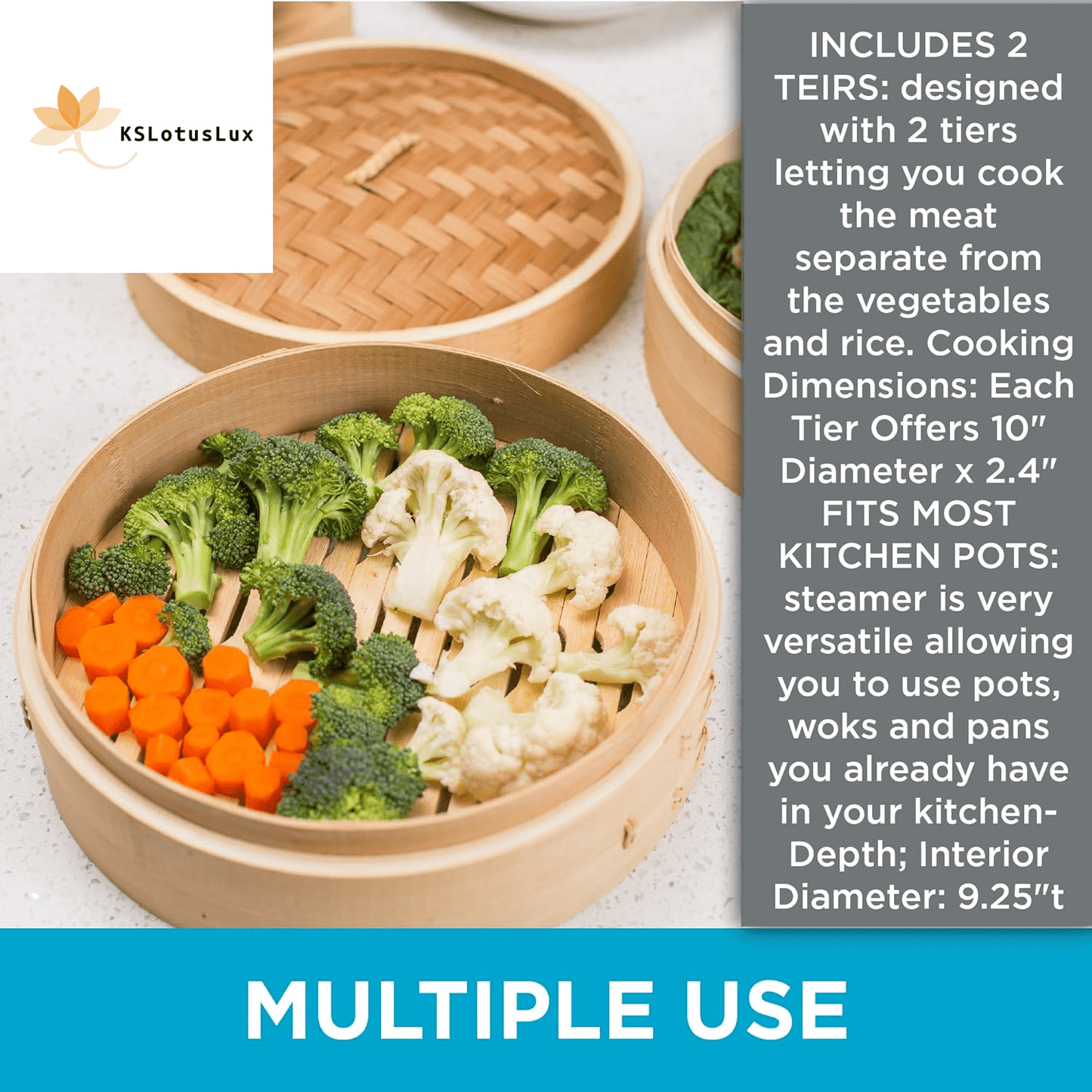 100% Natural 2-Tier Bamboo Steamer Basket (10" Diameter) - | KSLotuslux