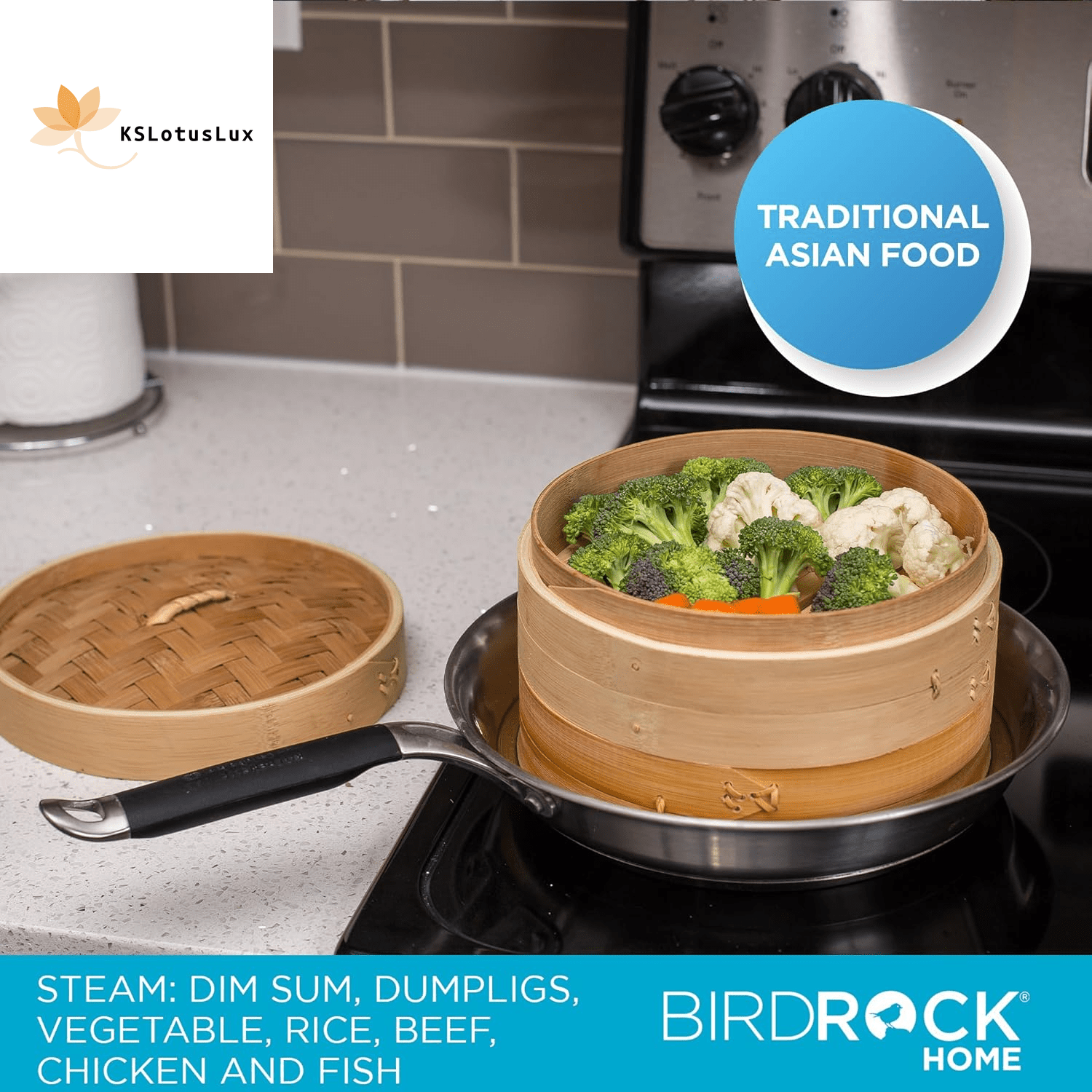 100% Natural 2-Tier Bamboo Steamer Basket (10" Diameter) - | KSLotuslux
