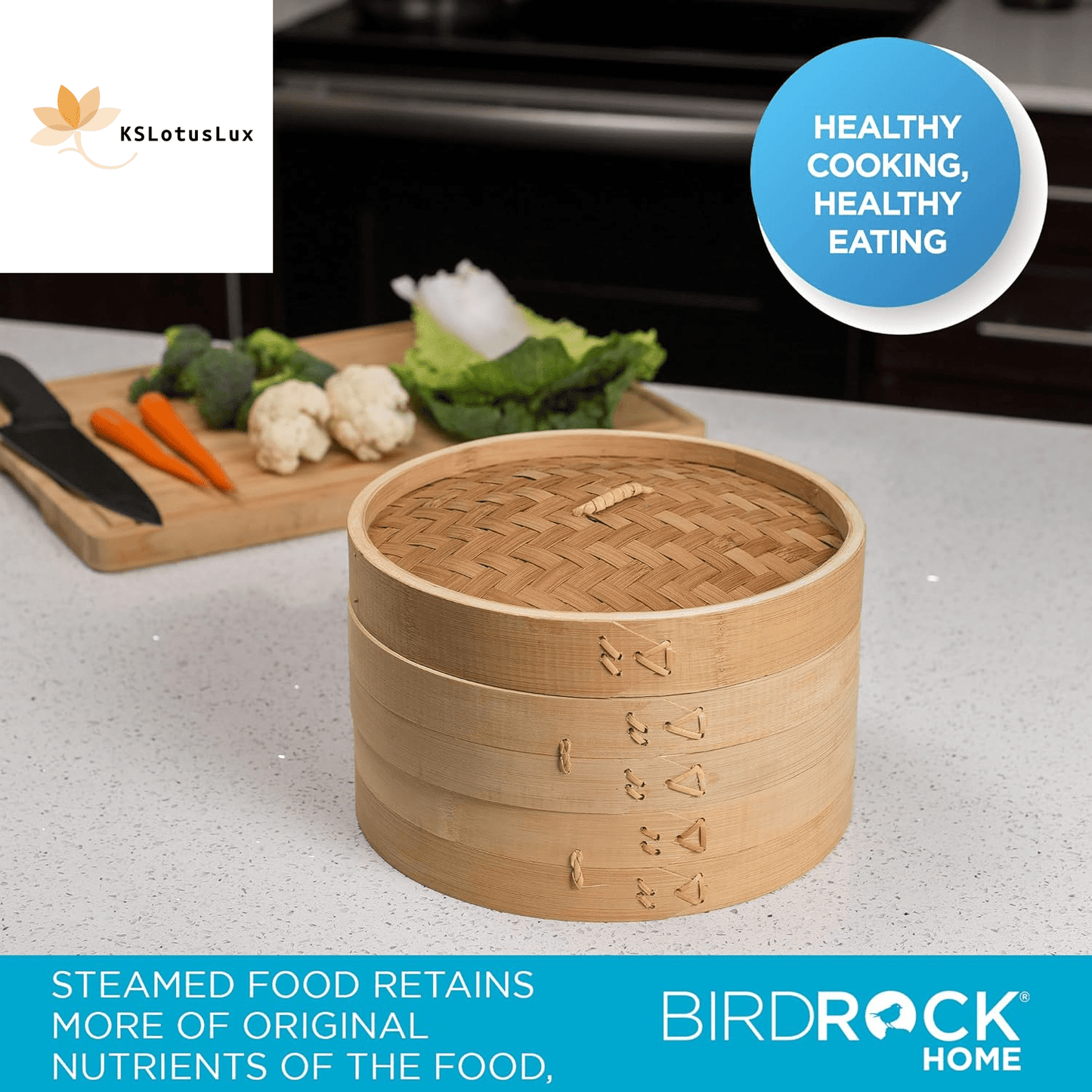 100% Natural 2-Tier Bamboo Steamer Basket (10" Diameter) - | KSLotuslux