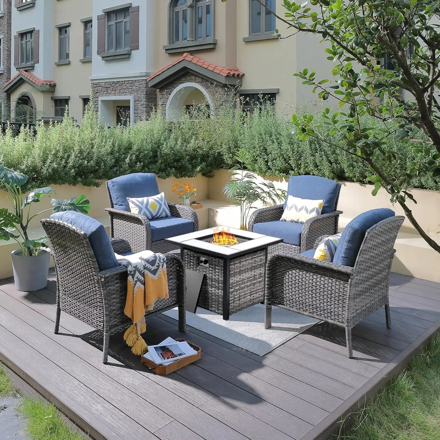 4-Piece Outdoor Patio Set with 30" Fire Pit Table  [All-Weather Wicker Chairs with High Backs, Seating for 4]  