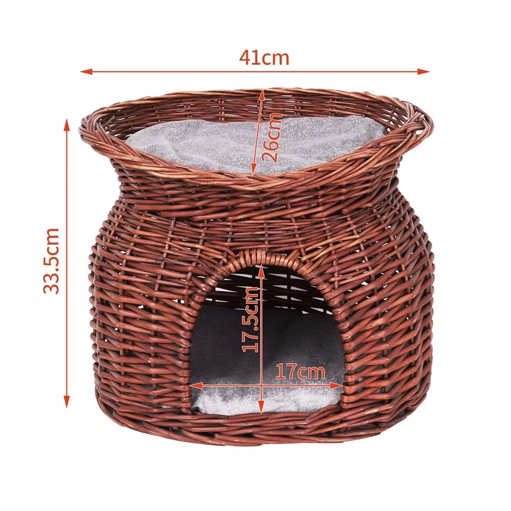 2-Tier Wicker Cat House with Cushion – Cozy Bed & Scratcher for Indoor Cats - | KSLotuslux