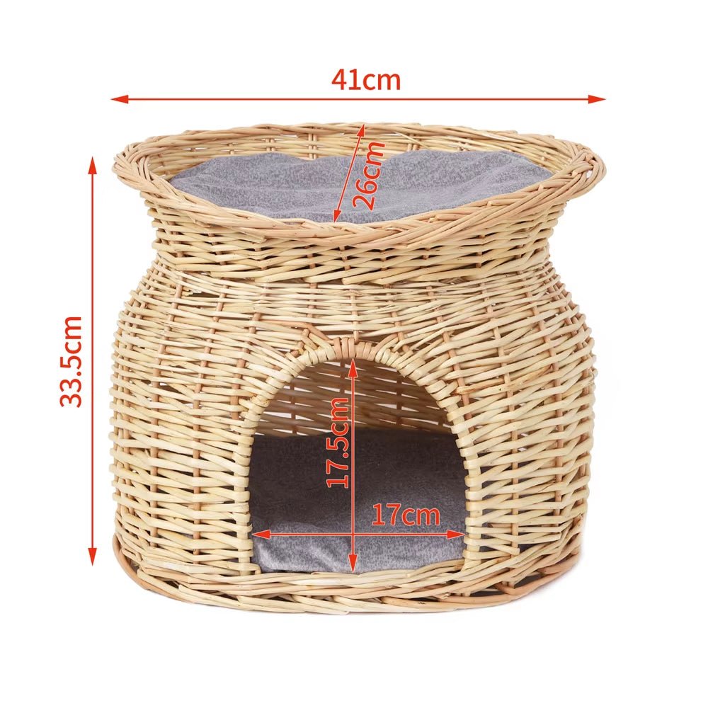 2-Tier Wicker Cat House with Cushion – Cozy Bed & Scratcher for Indoor Cats - | KSLotuslux