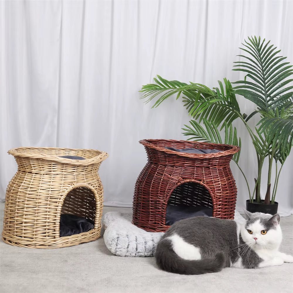 2-Tier Wicker Cat House with Cushion – Cozy Bed & Scratcher for Indoor Cats - | KSLotuslux