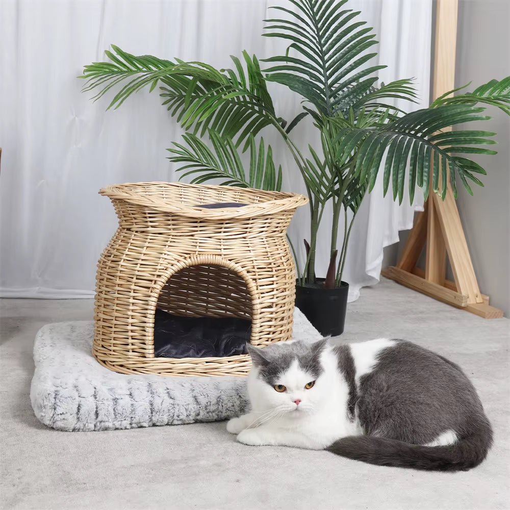 2-Tier Wicker Cat House with Cushion – Cozy Bed & Scratcher for Indoor Cats - | KSLotuslux