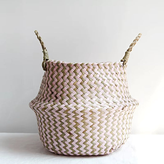  Boho Striped Wicker Storage Basket – Handmade & Collapsible