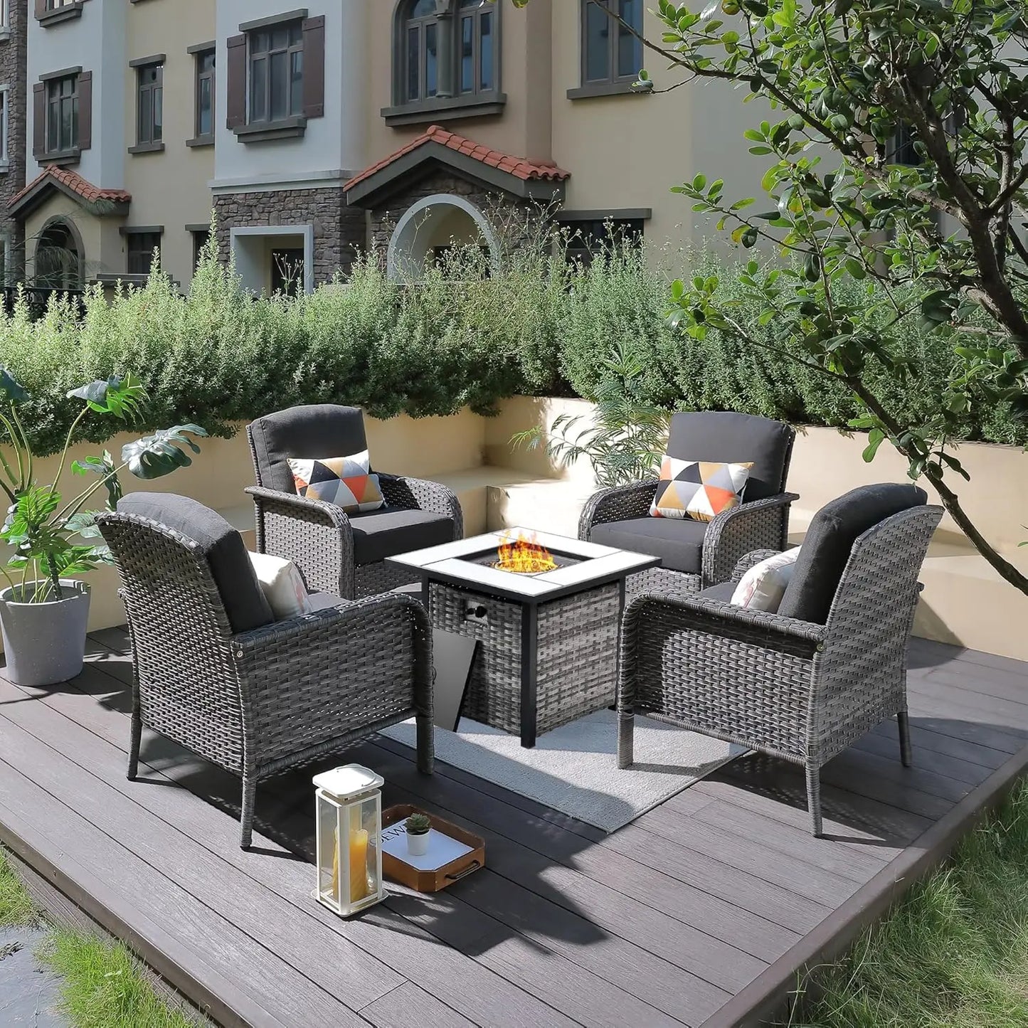 4-Piece Outdoor Patio Set with 30" Fire Pit Table  [All-Weather Wicker Chairs with High Backs, Seating for 4]  