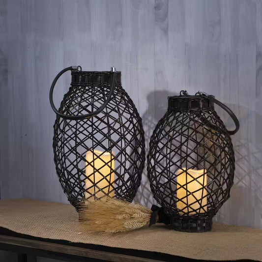 Dark Brown Wicker LED Lantern (Set of 2)