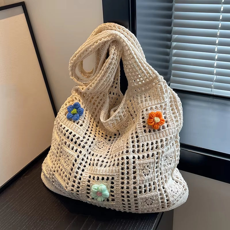 Designer Woven Flower Handbag -  Large Capacity  