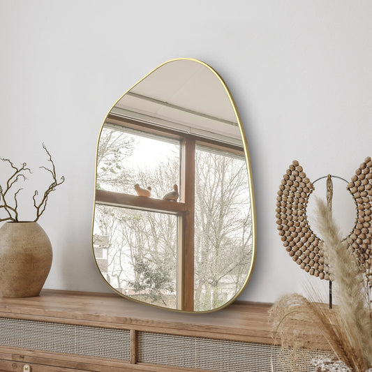 Statement Wall Mirror – Irregular Design with Golden Wood Frame for Modern Décor