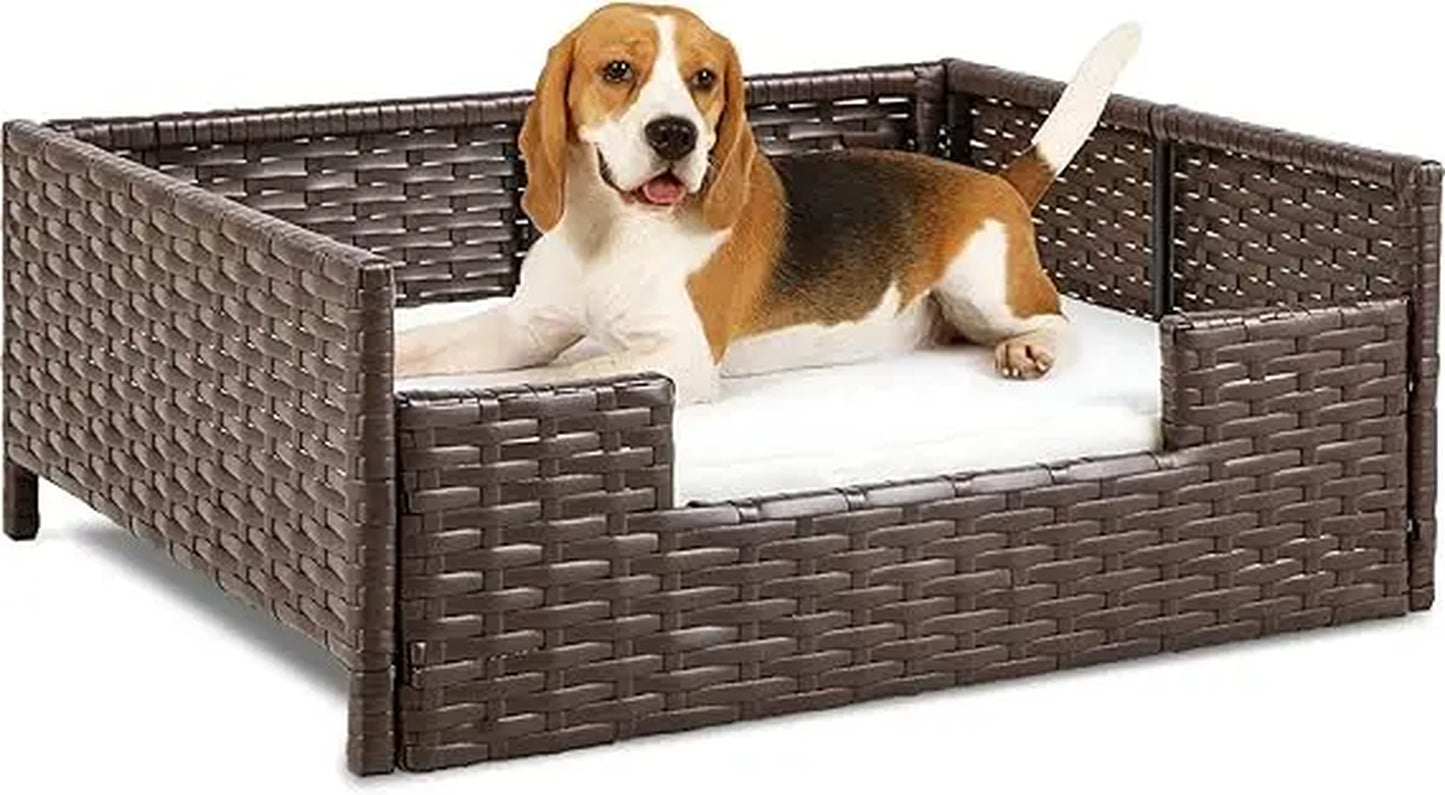 Handwoven Rattan Dog Sofa Bed with Cushion – Indoor/Outdoor/ Water Resistant for Small to Large Dogs