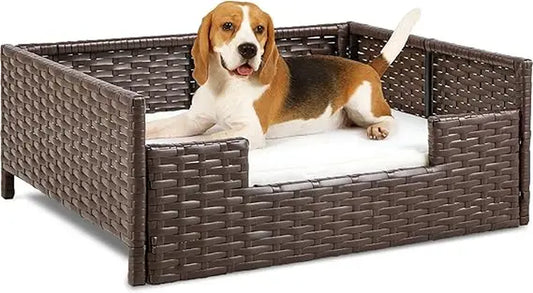 Handwoven Rattan Dog Sofa Bed with Cushion – Indoor/Outdoor/ Water Resistant for Small to Large Dogs
