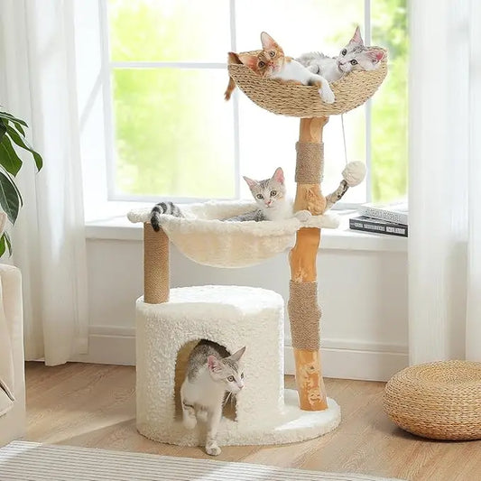  Modern 40" Cat Tree with Solid Wood Scratching Post, Wicker Basket & Large Hammock