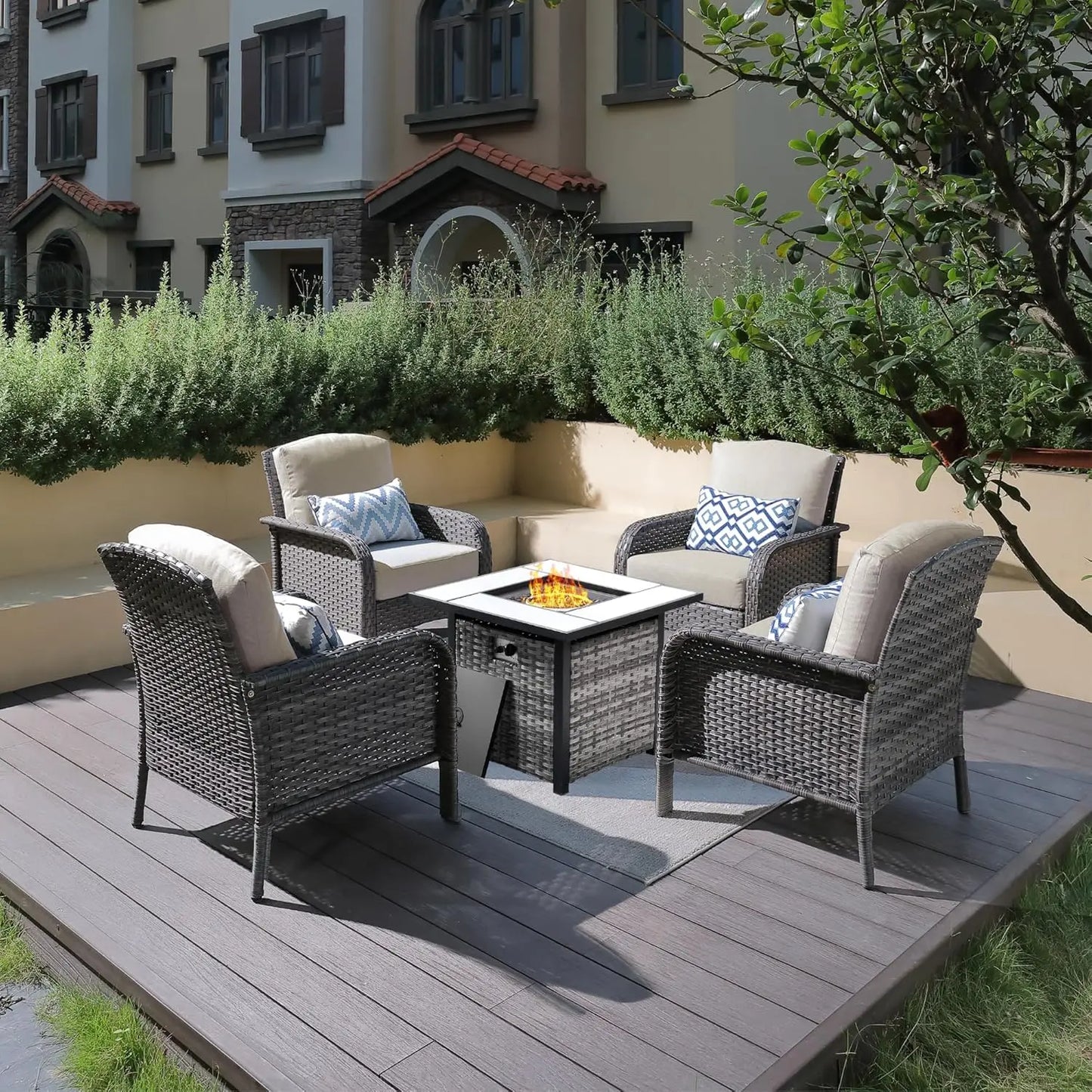 4-Piece Outdoor Patio Set with 30" Fire Pit Table  [All-Weather Wicker Chairs with High Backs, Seating for 4]  