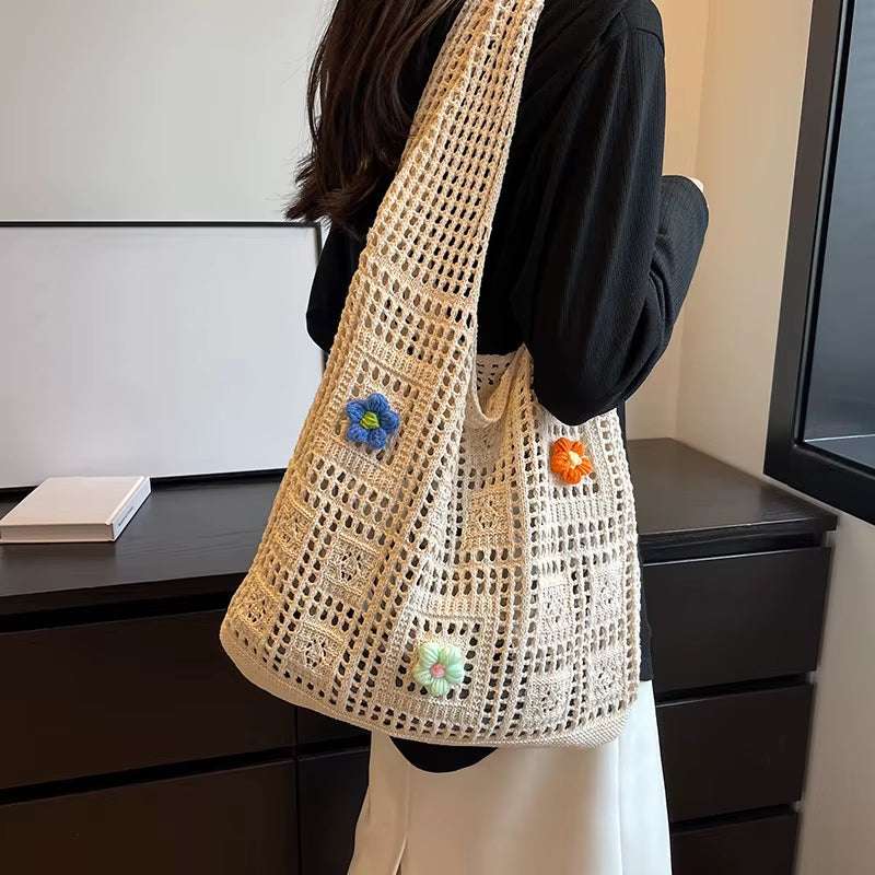 Designer Woven Flower Handbag -  Large Capacity  
