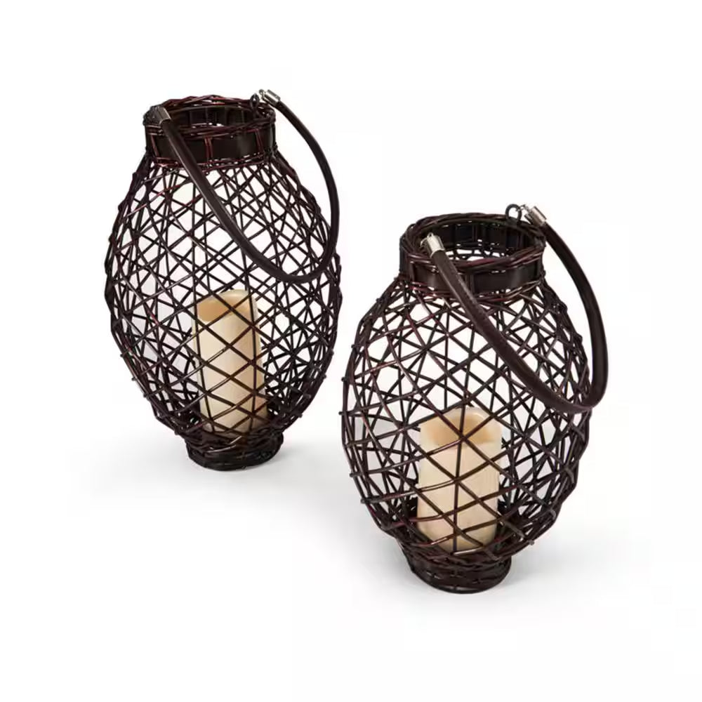 Dark Brown Wicker LED Lantern (Set of 2)