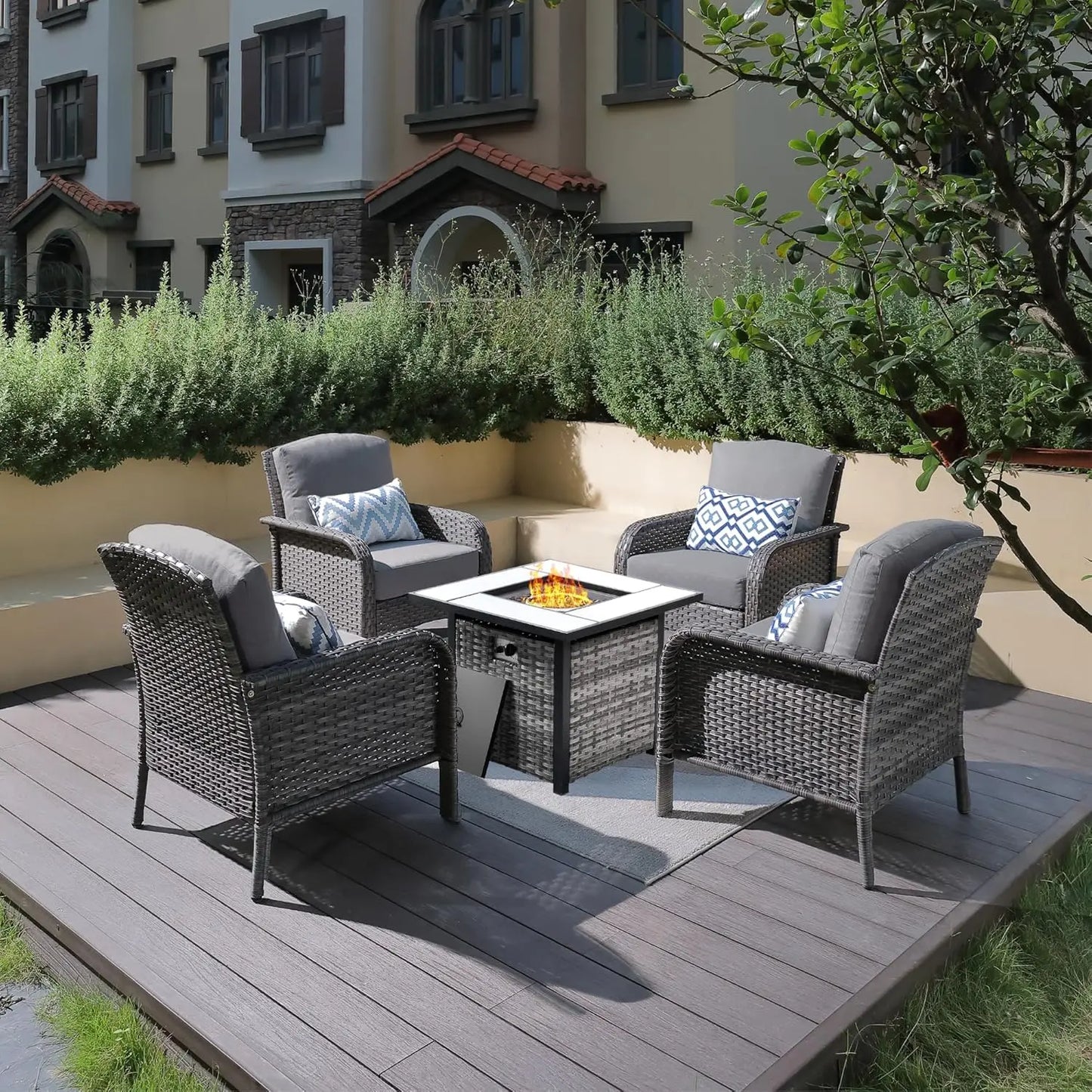 4-Piece Outdoor Patio Set with 30" Fire Pit Table  [All-Weather Wicker Chairs with High Backs, Seating for 4]  