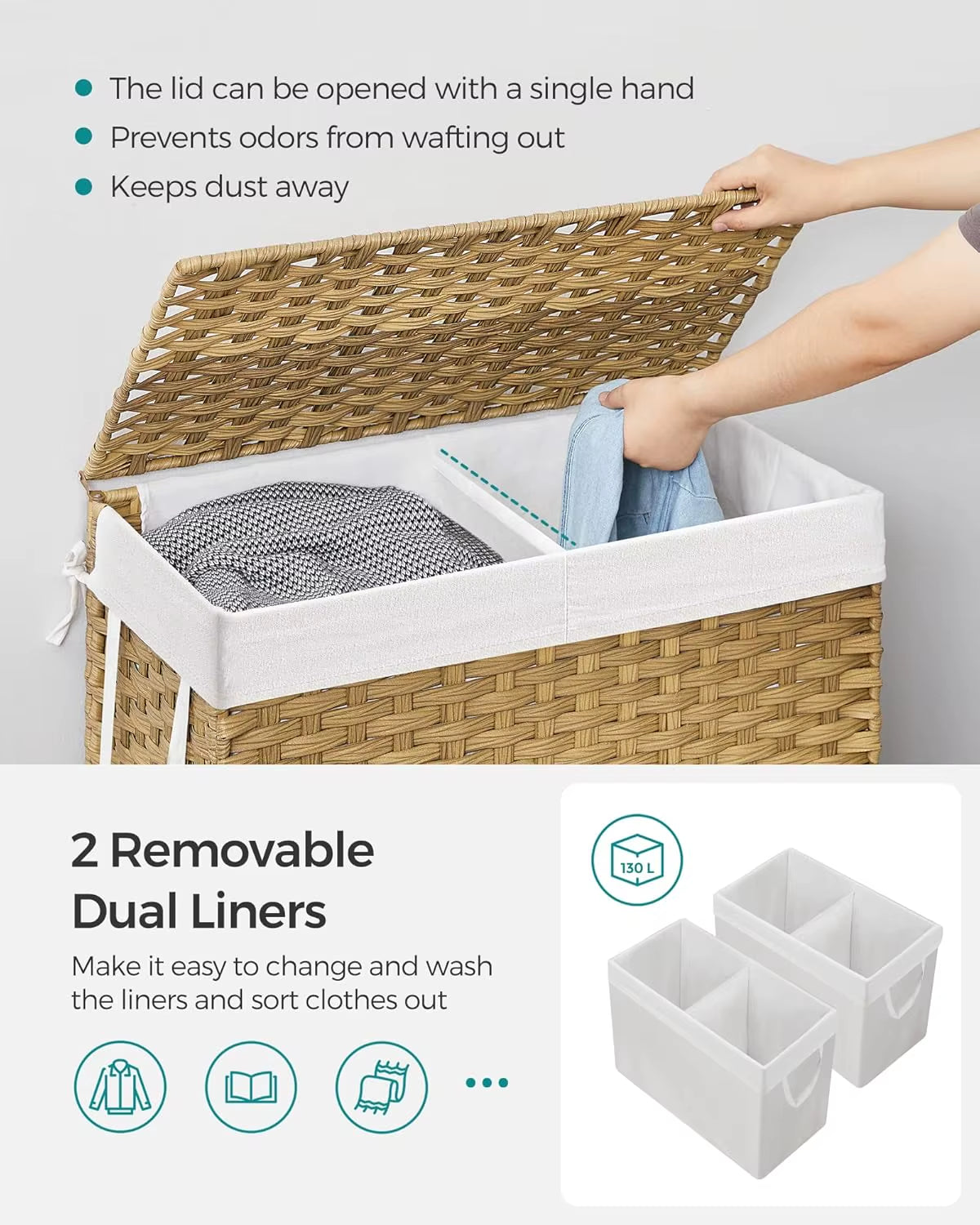  Large Laundry Hamper with Lid – 130L (34.3 Gallons) Wicker Basket with Removable Liners & Mesh Bags