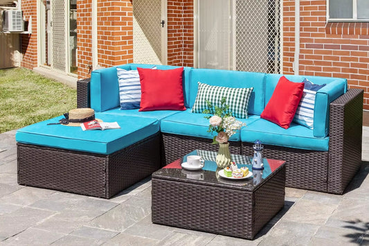  L-Shaped Outdoor Patio Set – 7-Piece Rattan Furniture with Glass Table