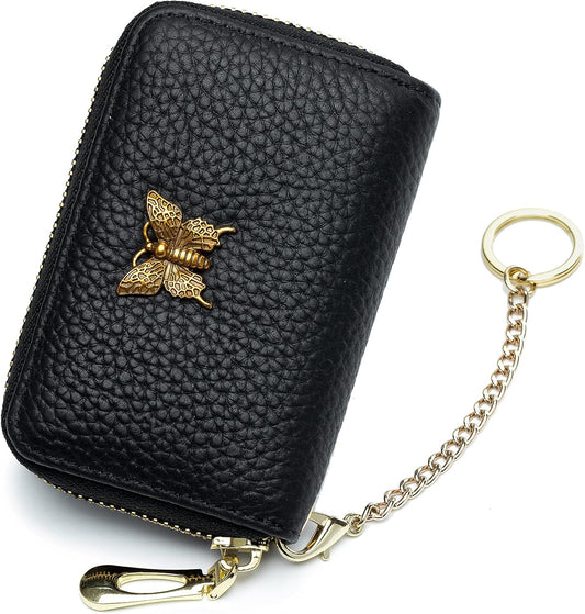  Stylish RFID Leather Card Holder for Women – with Zipper & Removable Keychain (Black)