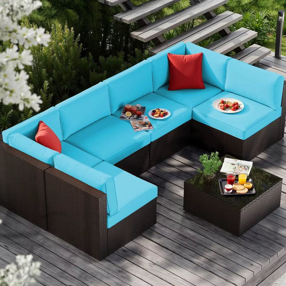  L-Shaped Outdoor Patio Set – 7-Piece Rattan Furniture with Glass Table