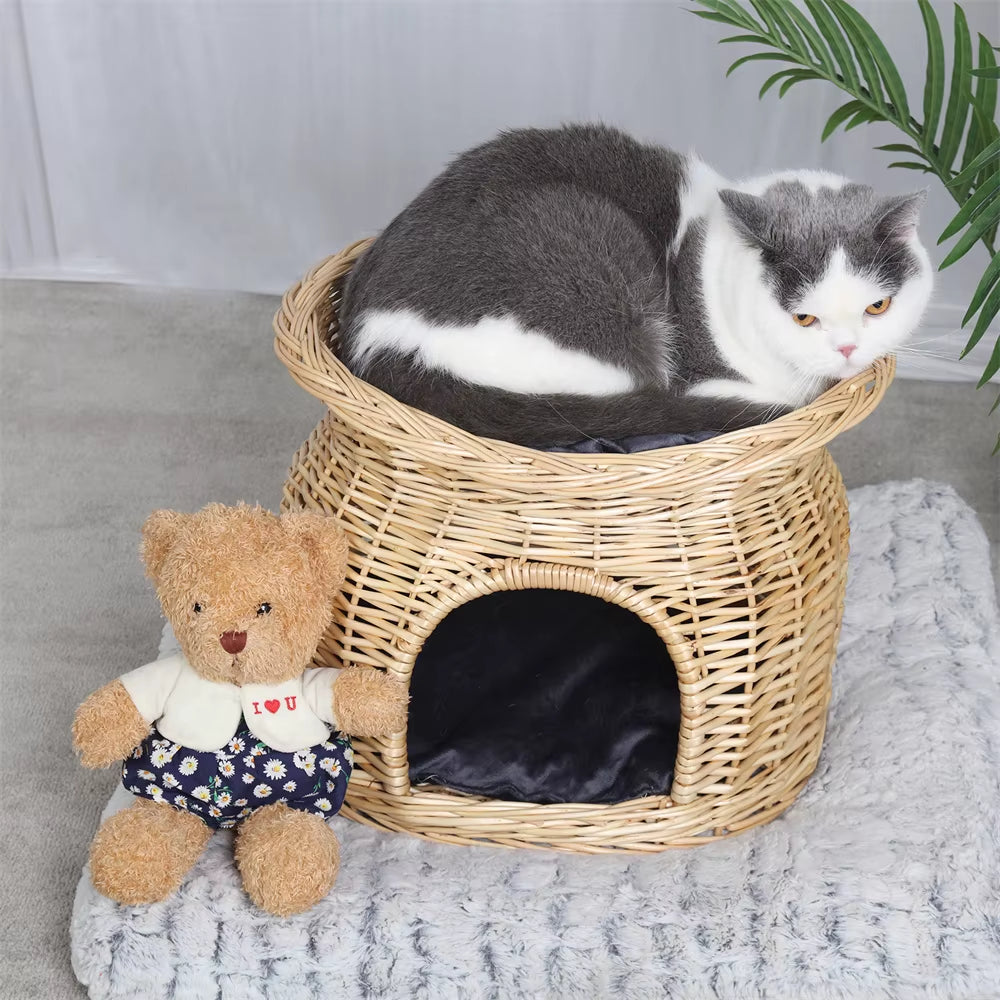  2-Tier Wicker Cat House with Cushion – Cozy Bed & Scratcher for Indoor Cats
