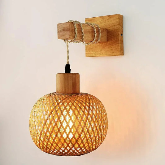  Bamboo Rattan Wall Lamp – Handwoven Wicker Lantern Light, Boho Room Decor, Natural Bamboo Wall Sconce, E27 Lamp Fixture