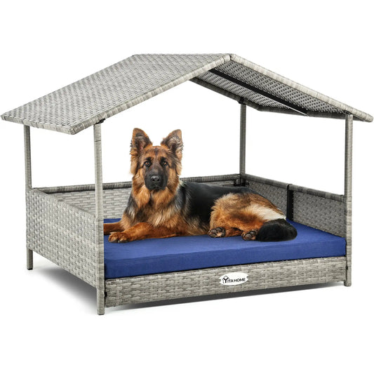 32.9" Outdoor Rattan Dog House with Canopy – Elevated, Water-Resistant Bed & Blue Cushion for Small to Medium Dogs 