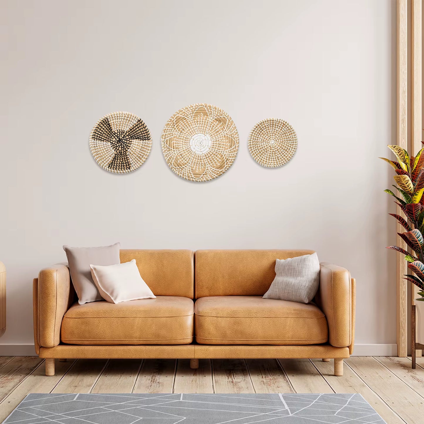  Boho Woven Wall Basket Set – 3pc Hanging Straw & Wicker Decor