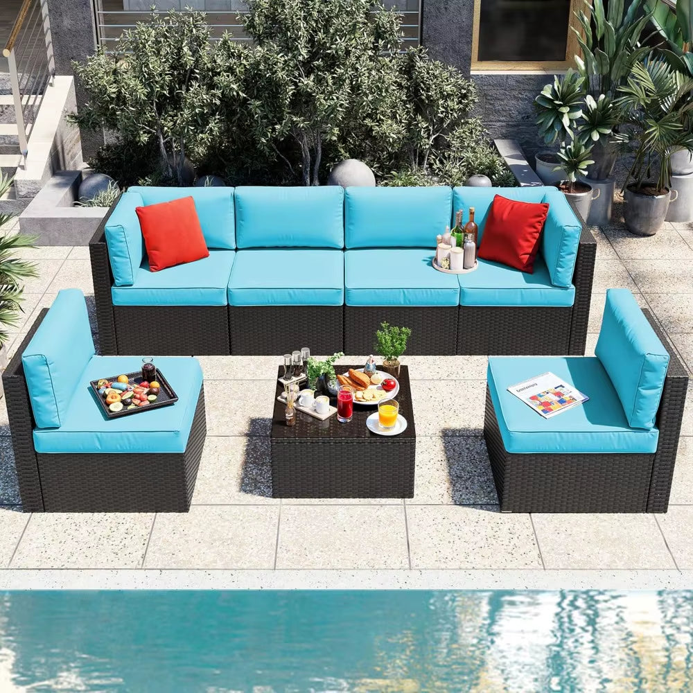  L-Shaped Outdoor Patio Set – 7-Piece Rattan Furniture with Glass Table